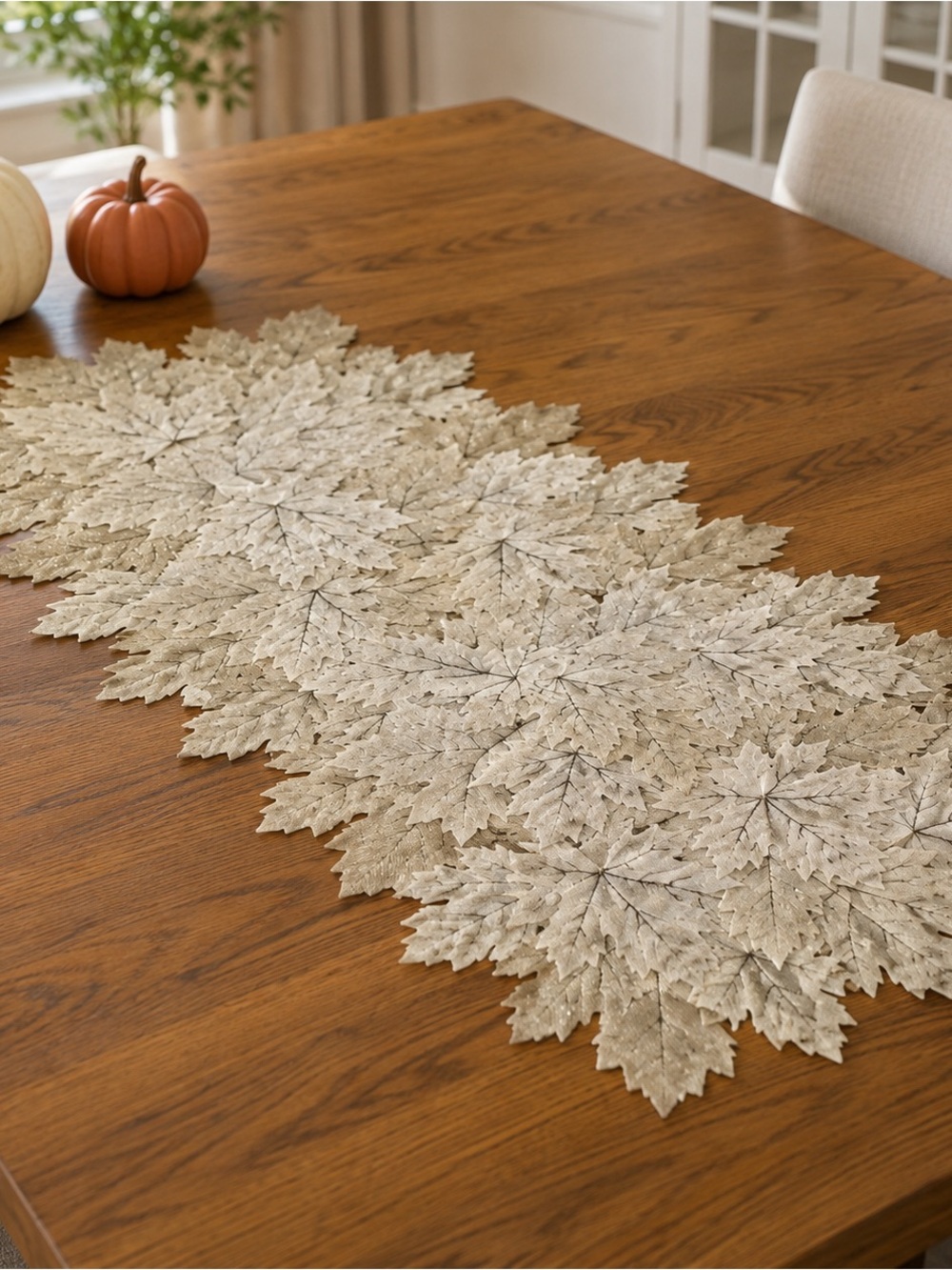 Celebrate It Fall Leaf Table Runner 12x36 Cream Gold Glitter Thanksgiving Decor